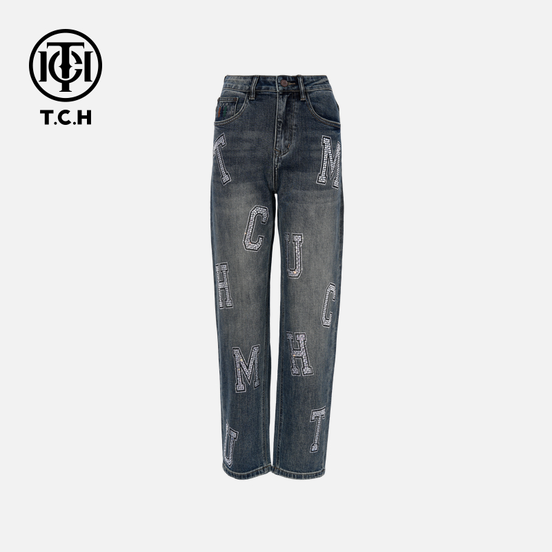 TCH 轻奢纯色烫钻字母牛仔裤男T75C20E5075