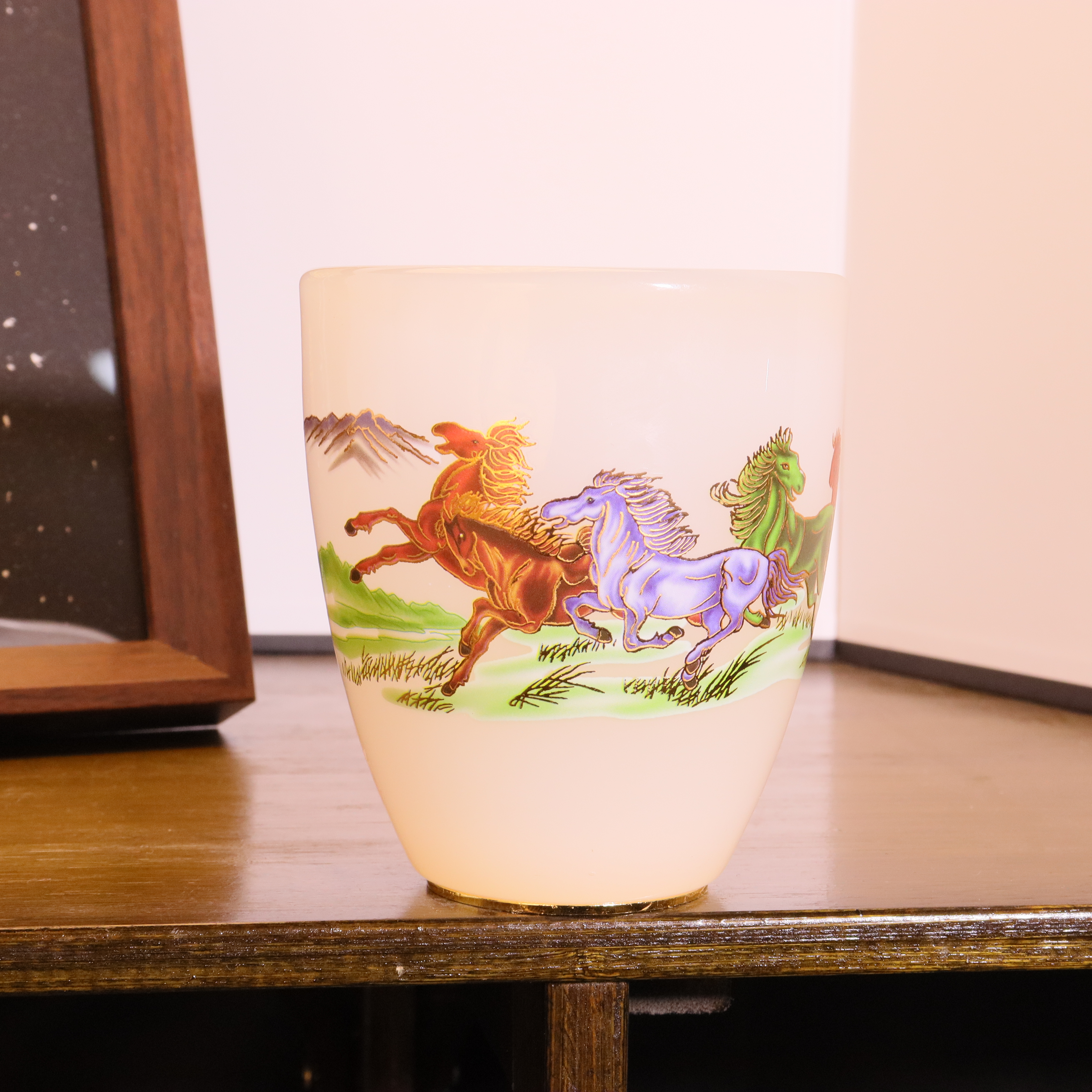 正品《彩绘/马到成功》白夜光琉璃公道杯/容量220毫升/寻玉