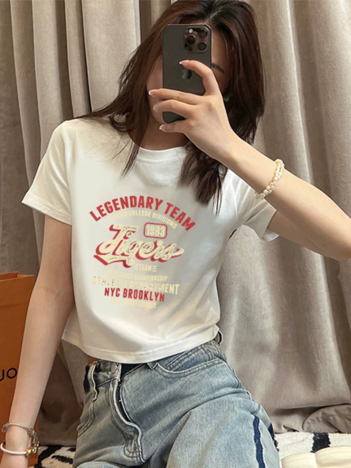 钱多多简约撞色字母印花修身短袖t恤女圆领正肩上衣2032