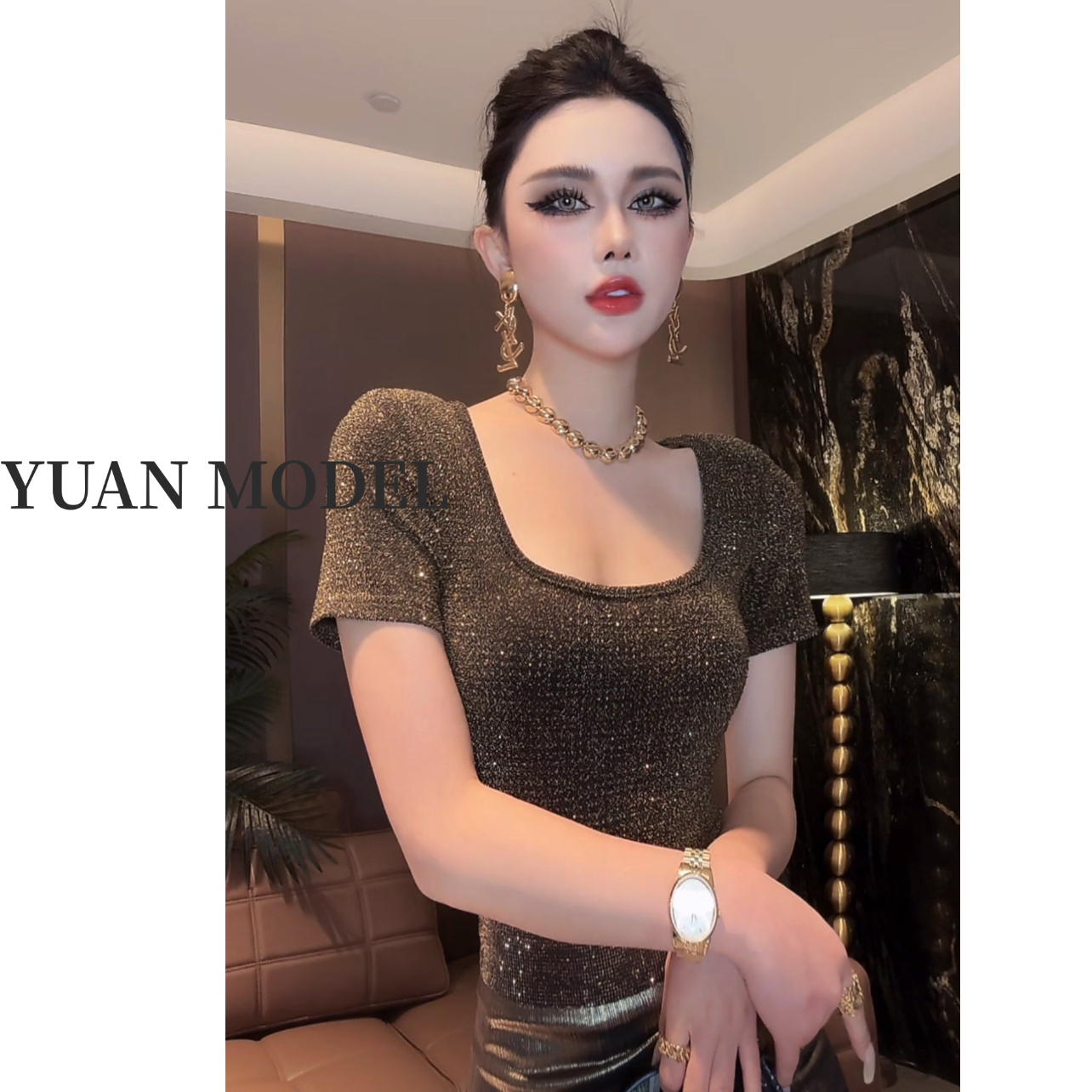 【YUAN MODEL】媛老板-夏季时装U型领后背网纱短袖T恤打底 041037