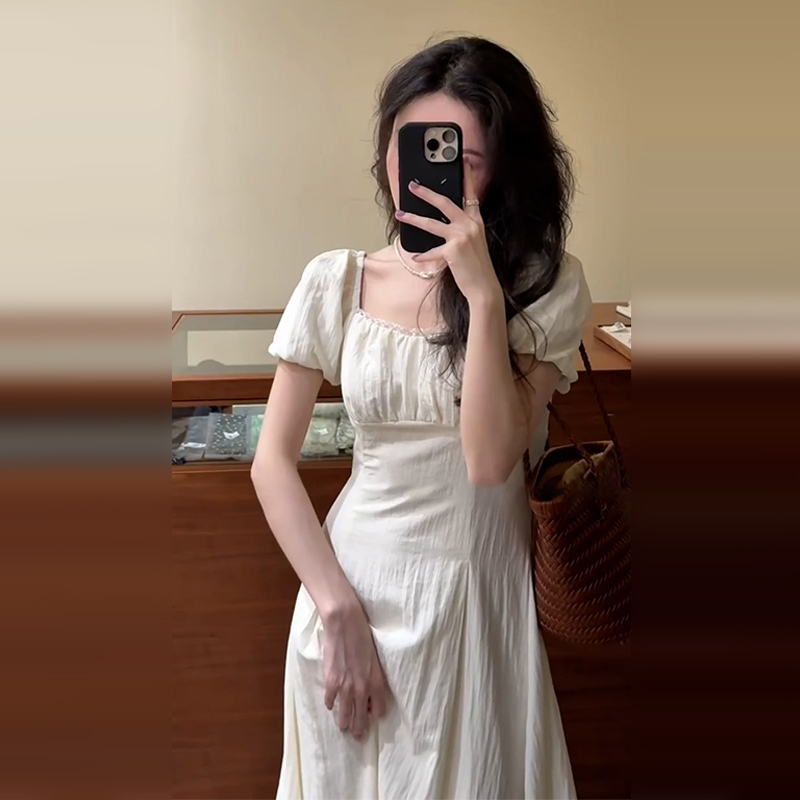 3615方领白色泡泡袖连衣裙子女夏季2025新款小个子气质感收腰长裙