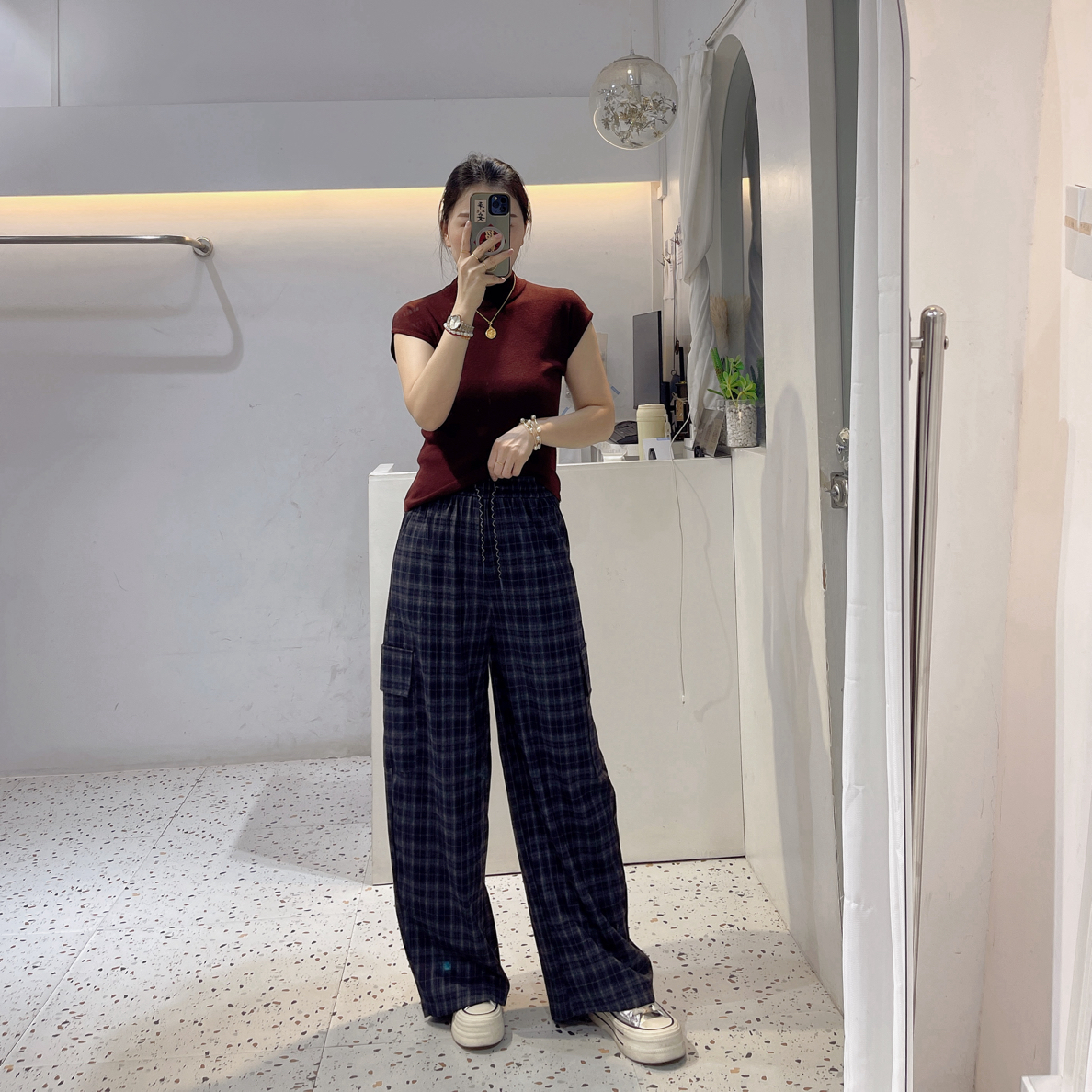 秋季新款格子休闲裤阔腿裤6850