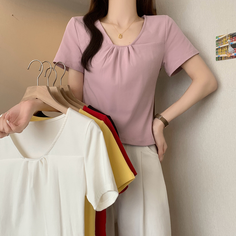 A夏装新款胖mm大码女装时尚设计感百搭显瘦v领不规则正肩短袖T恤