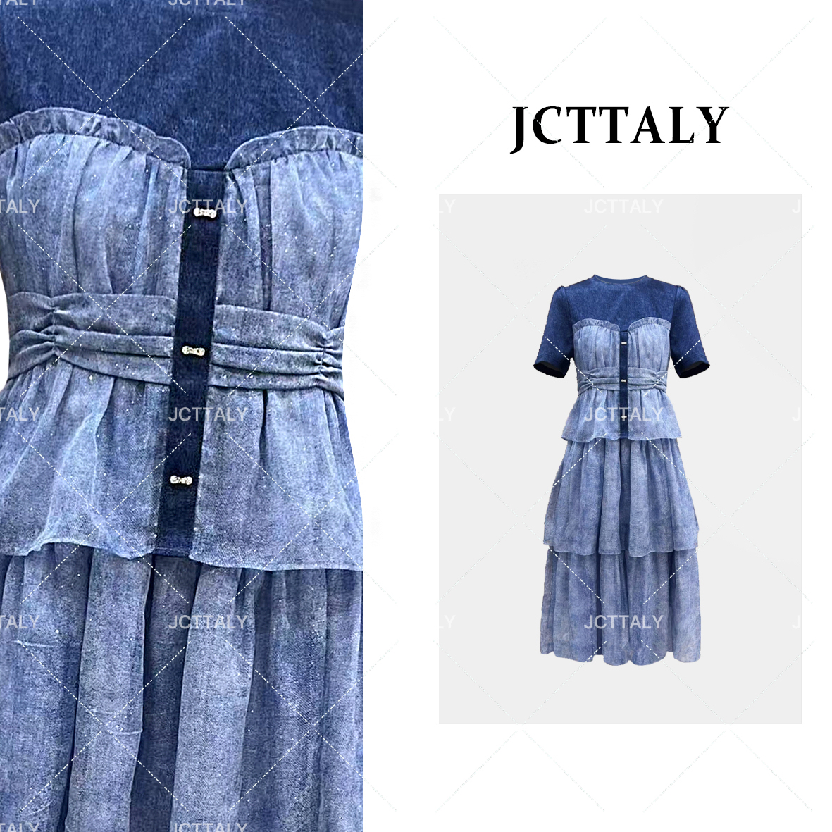 【梅子专属】夏季时尚复古轻奢设计师高级感拼接收腰连衣裙JC-A3102