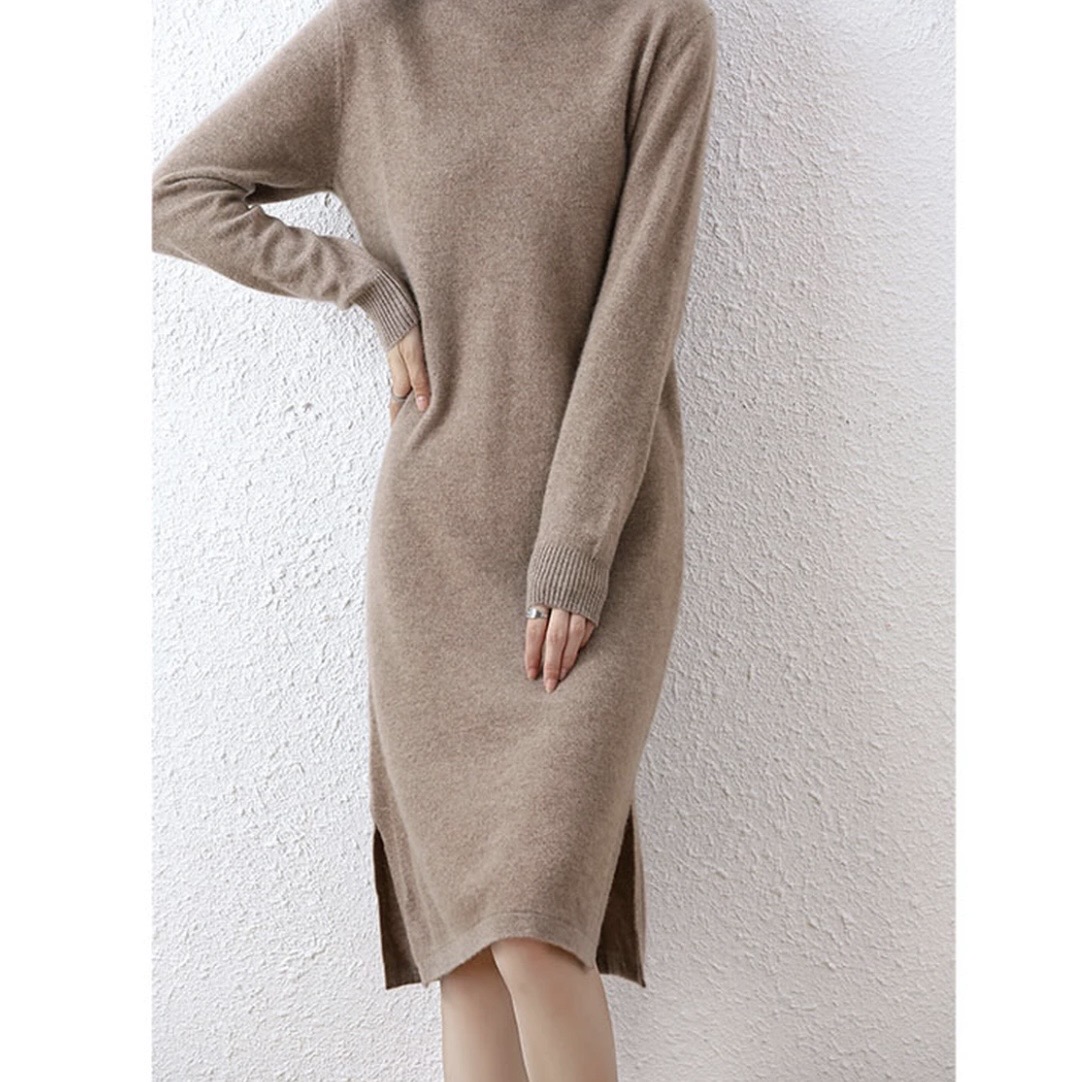 新新定制-纯色秋冬新款中长裙打底裙双边开叉针织连衣裙481117