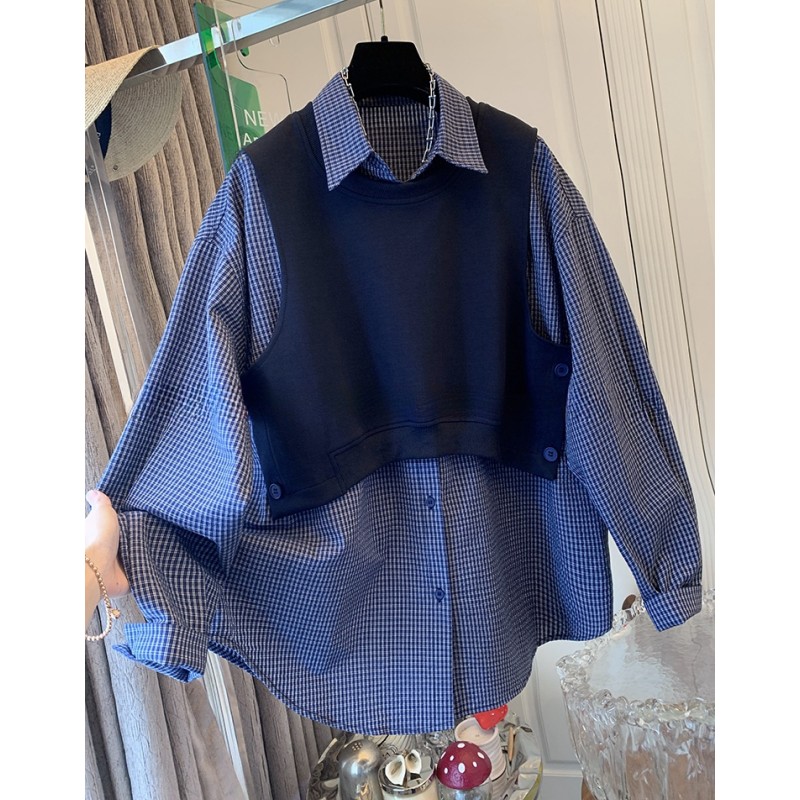 【蓝调往事】超好看气质复古格子衬衫马甲背心两件套装上衣女卫衣