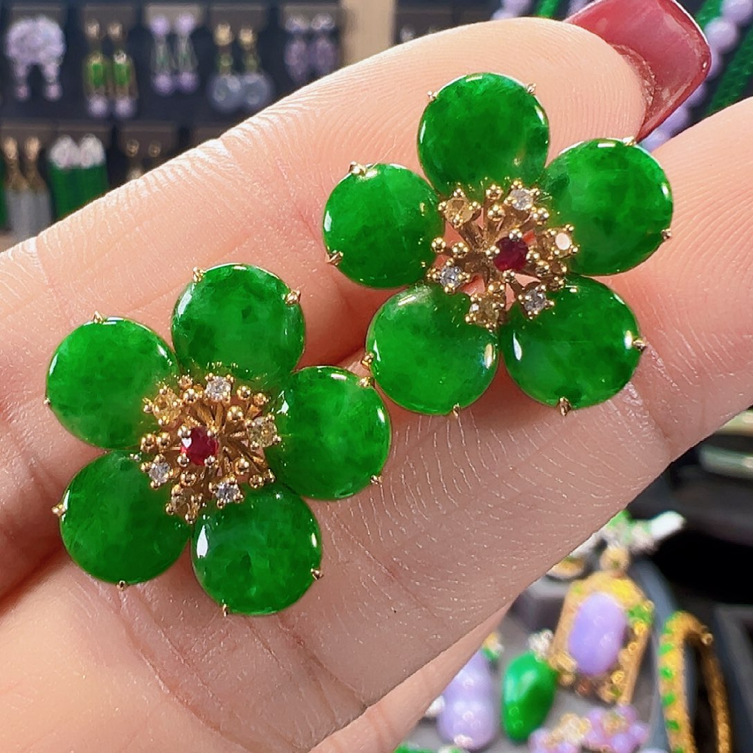 翡翠18K金镶嵌耳饰签收后24小时鉴赏期