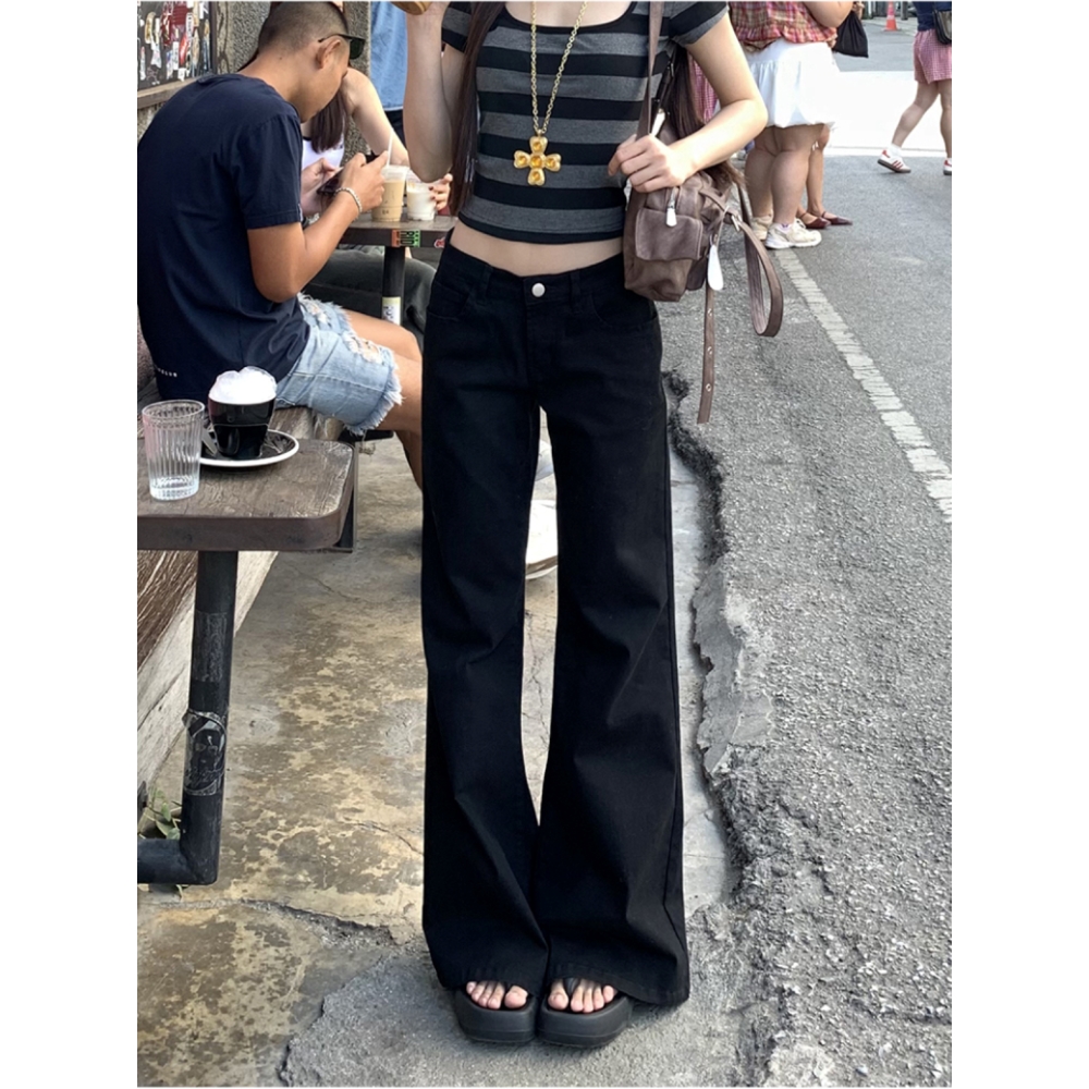 大码美式复古微喇牛仔裤女2025秋季新款高腰显瘦阔腿宽松黑色裤子