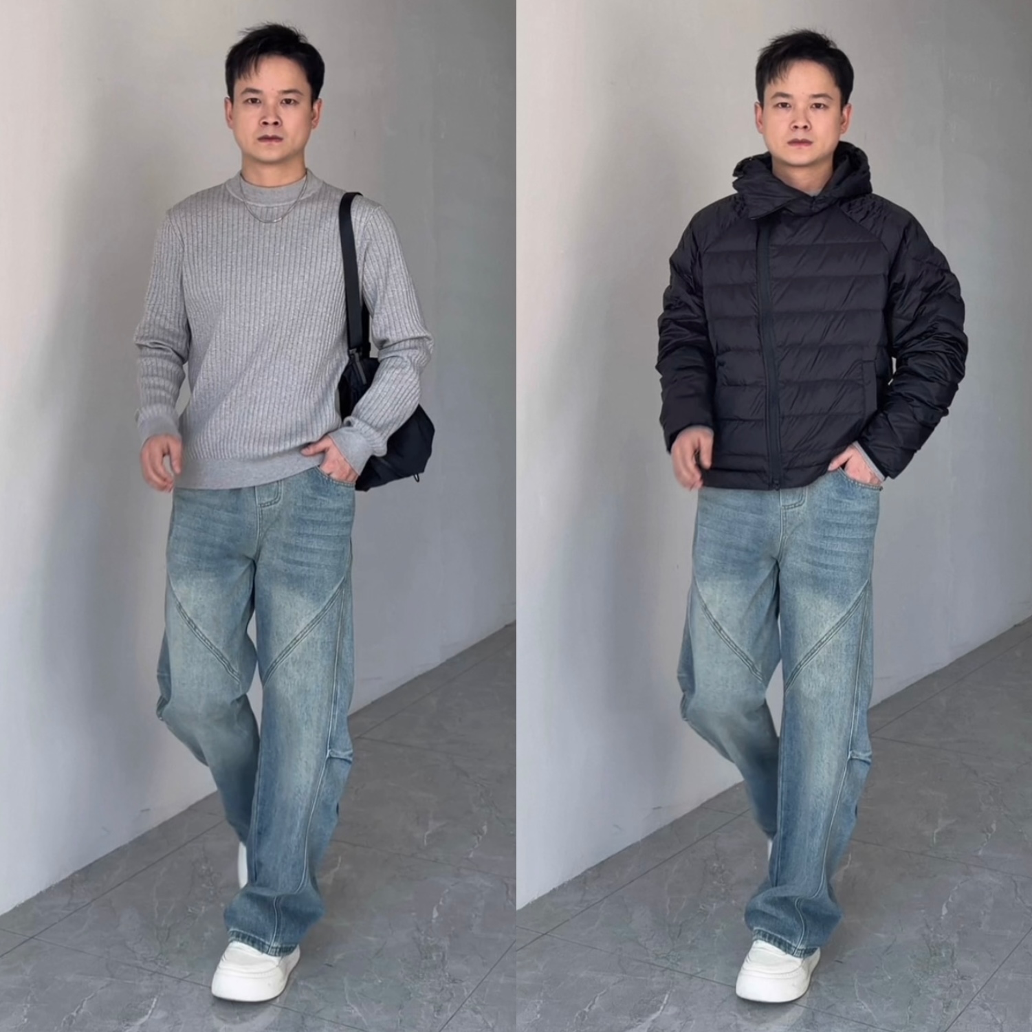 方向的向 半高领针织衫+设计款弯刀牛仔裤+排骨羽绒连帽外套男