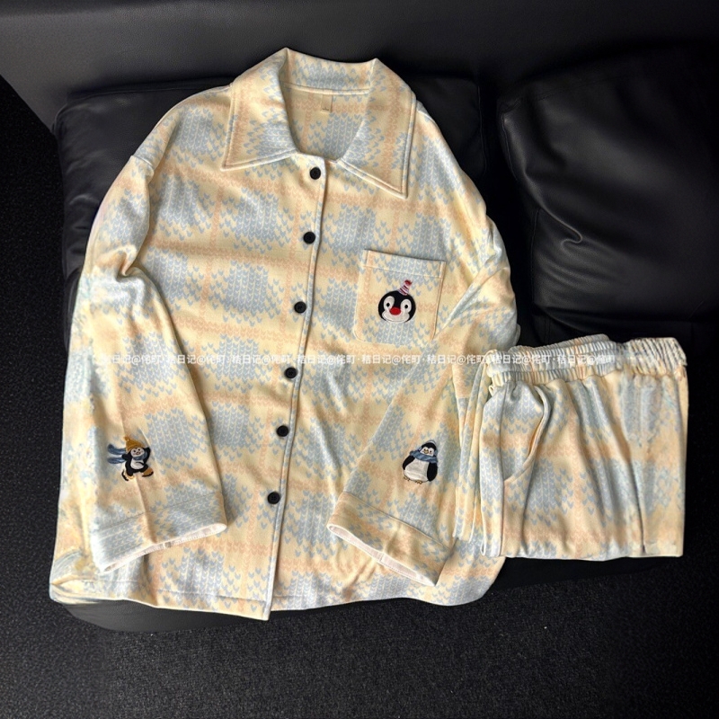 侘町少女卡通企鹅德绒睡衣居家保暖休闲套装宽松可外穿