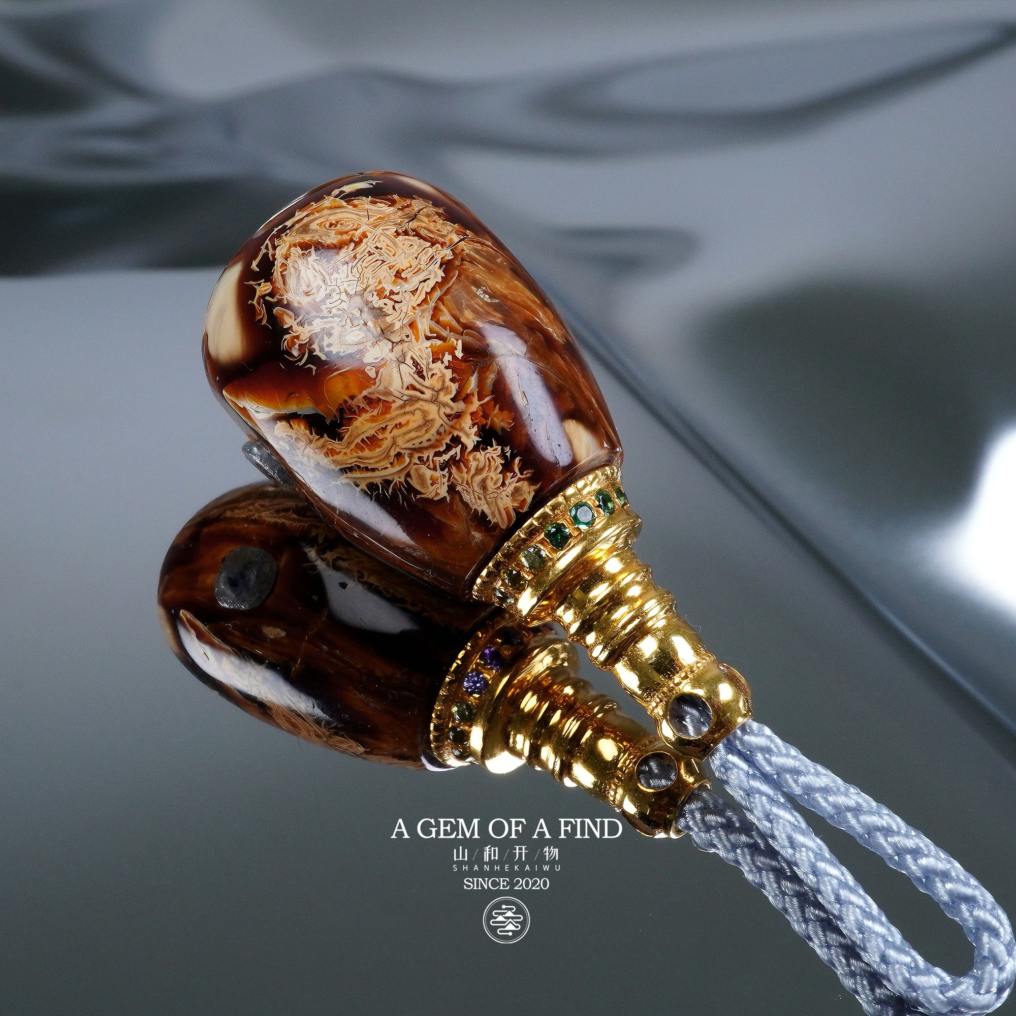 山和开物｜天然琥珀蜜蜡11mm金塔三通红咖沁网纹拉丝妖花文玩配饰