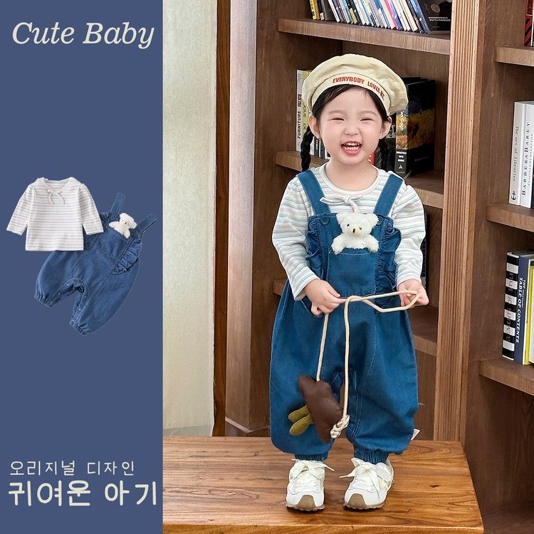 婴幼儿秋装衣服a类超萌牛仔哈衣小月龄女宝条纹T恤春秋背带裤套装