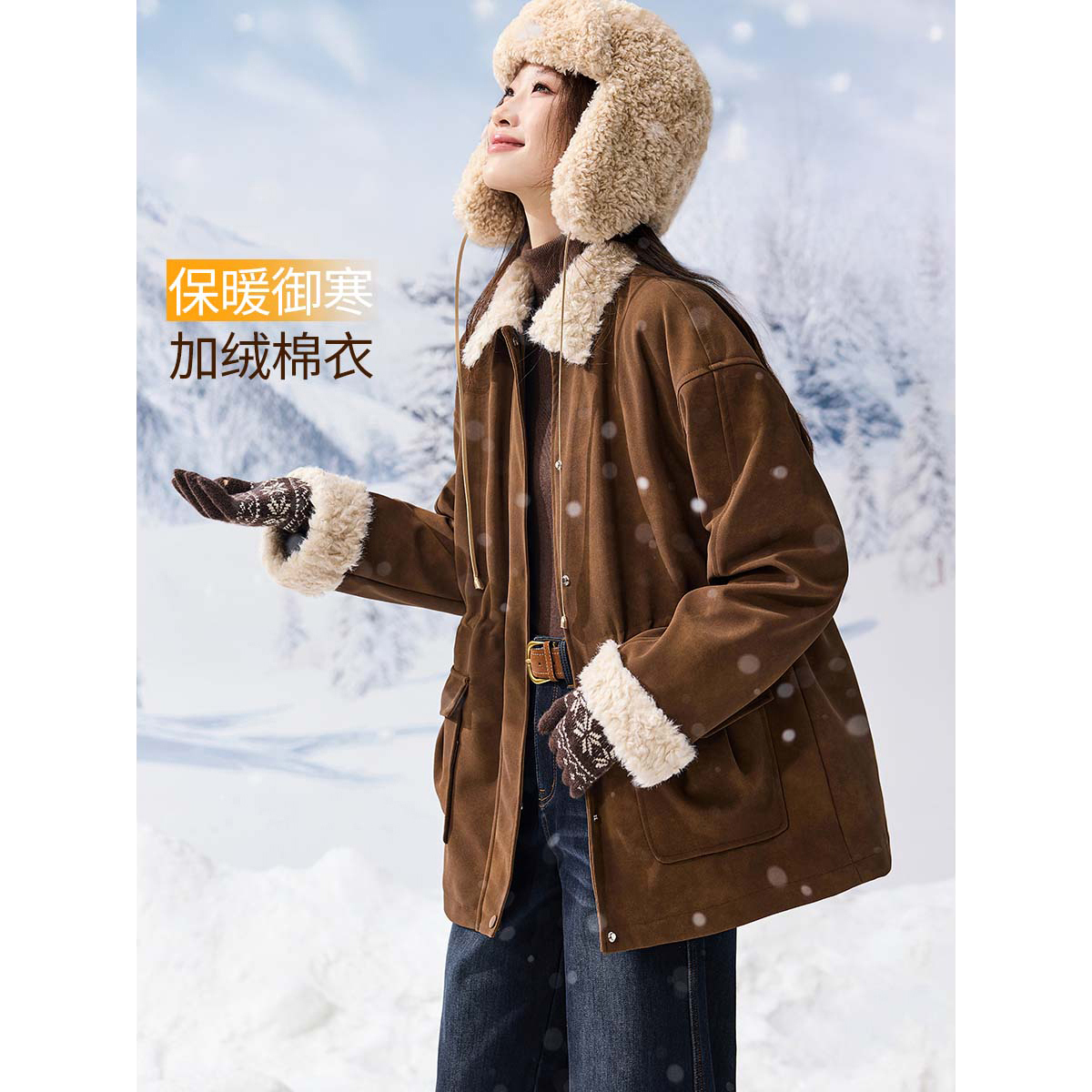 沫晗依美【新复古主义派克】2025巴恩风收腰加绒一手长保暖外套7827