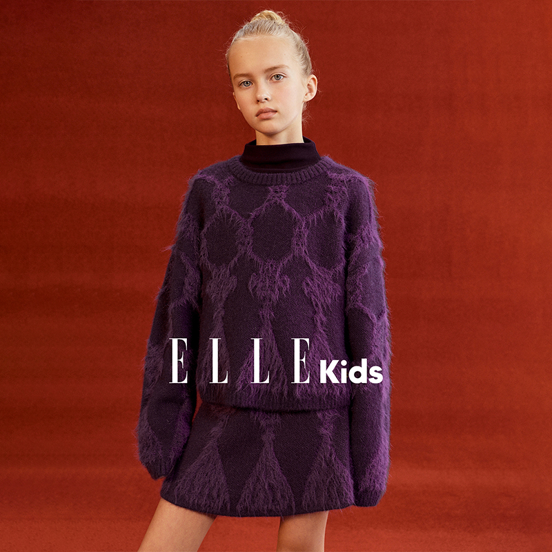 ELLE KIDS童装 中国结立体提花套装冬季套头毛衣+半身裙两件套D6