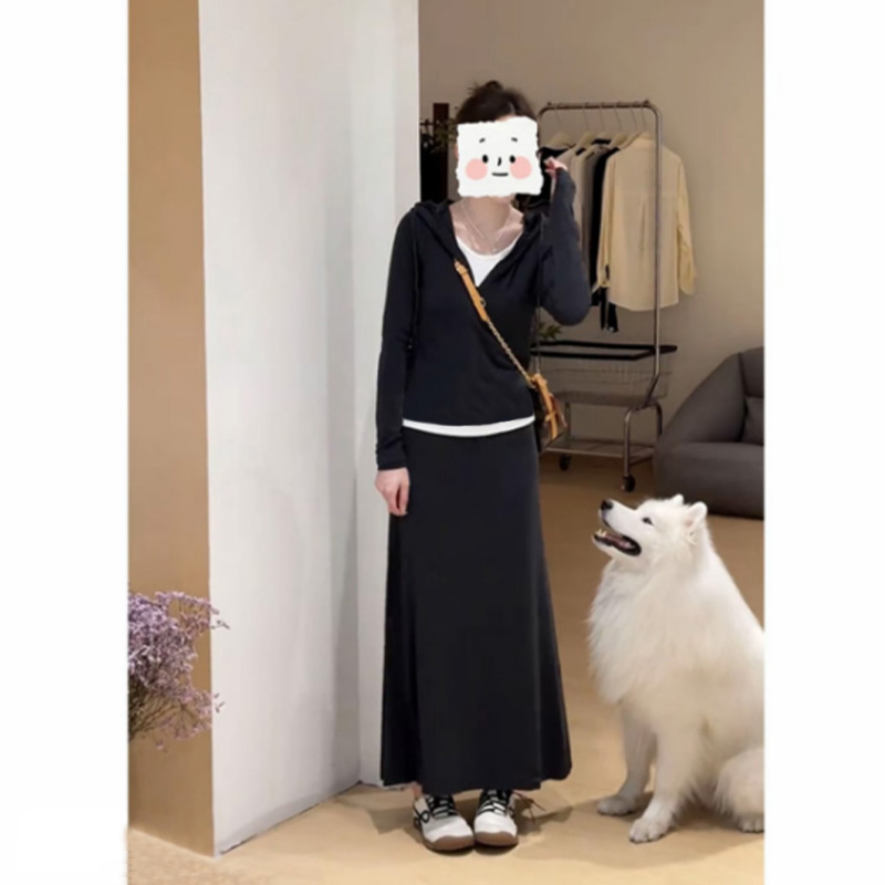 连帽运动套装秋季宽松显瘦半拉链休闲长袖半身裙简约日常两件套