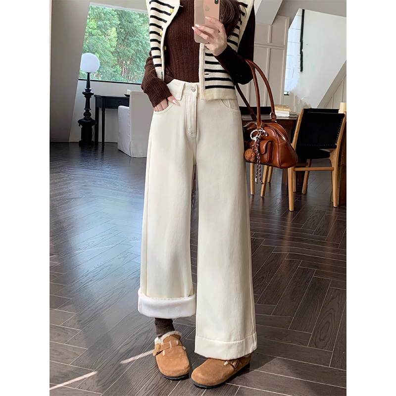 白色阔腿牛仔裤女2025冬季新款加绒保暖高腰小个子宽松显瘦直筒裤