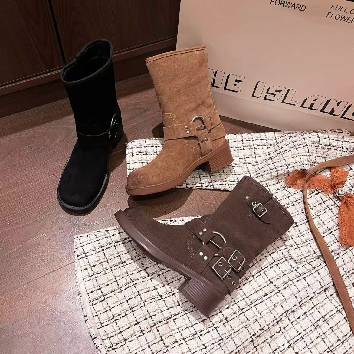 【NO退NO换】鑫燃KIKI  磨砂牛皮粗跟废土风中筒靴 9992-1 (F) BL