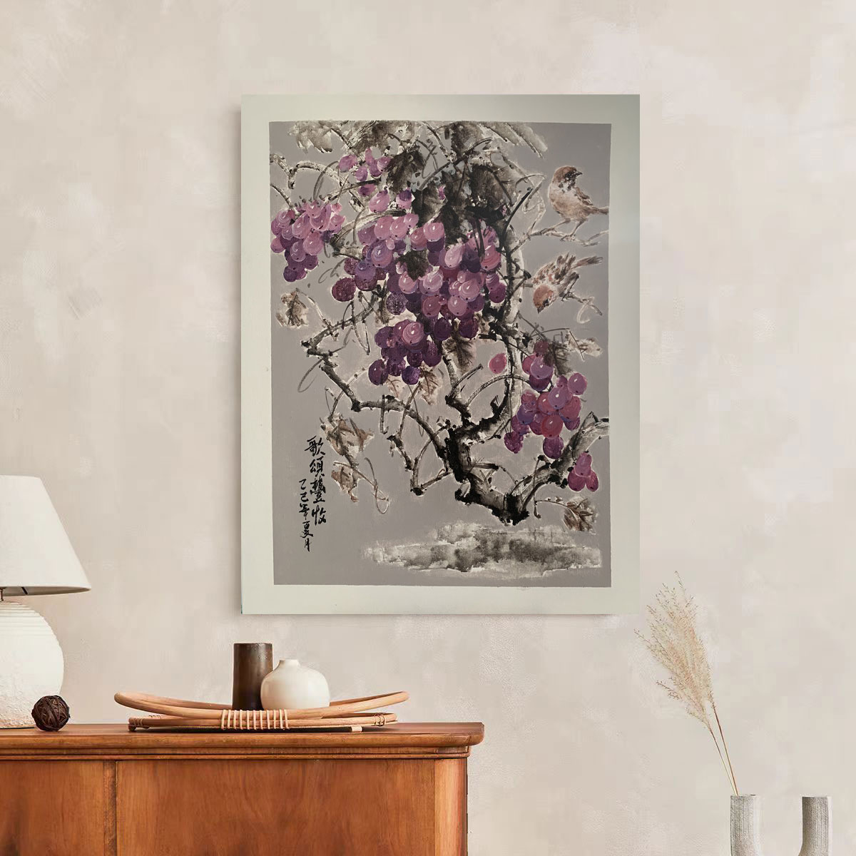《紫葡栖雀》60*80含内框，刘春建手绘油画装饰画，客厅背景墙挂画