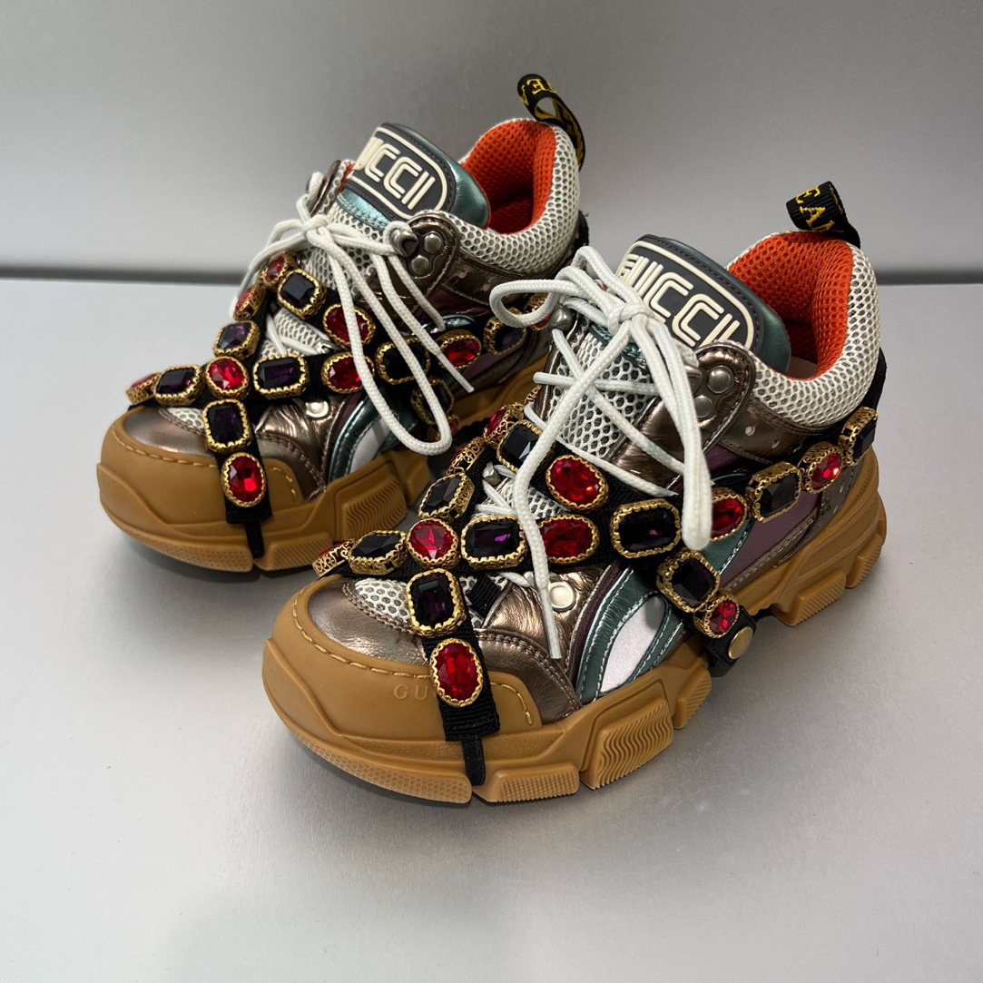 99新 GUCCI/古驰 Flashtrek 拼色镶钻系带休闲老爹鞋/35码（北京）