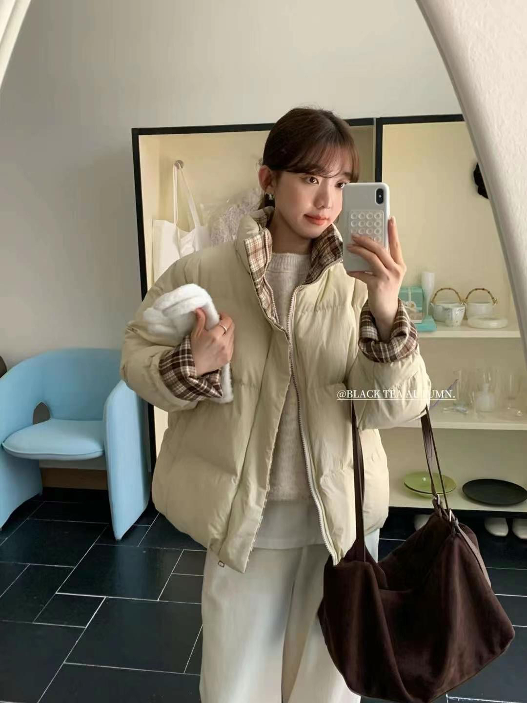 红茶/羽绒棉服格子拼接棉服