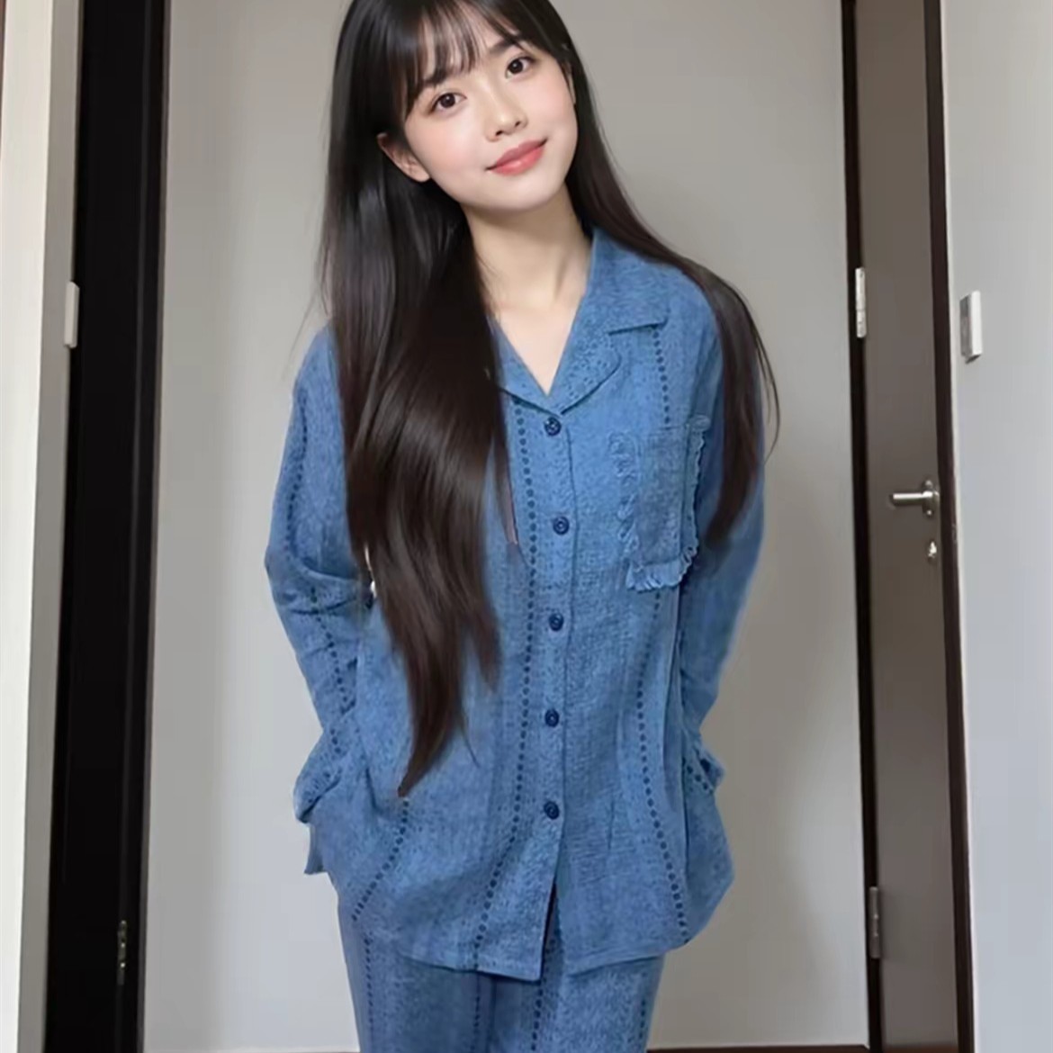 带胸垫睡衣女蓝色长袖春秋开衫套装可外穿家居服流苏大码条纹长裤