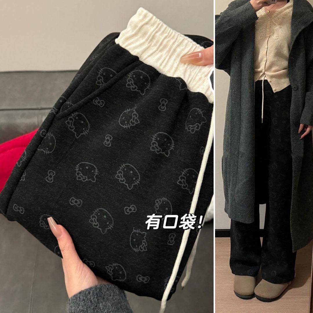 大码胖mm300斤新款春夏季可爱印花糯米裤女垂感高腰小个子阔腿裤