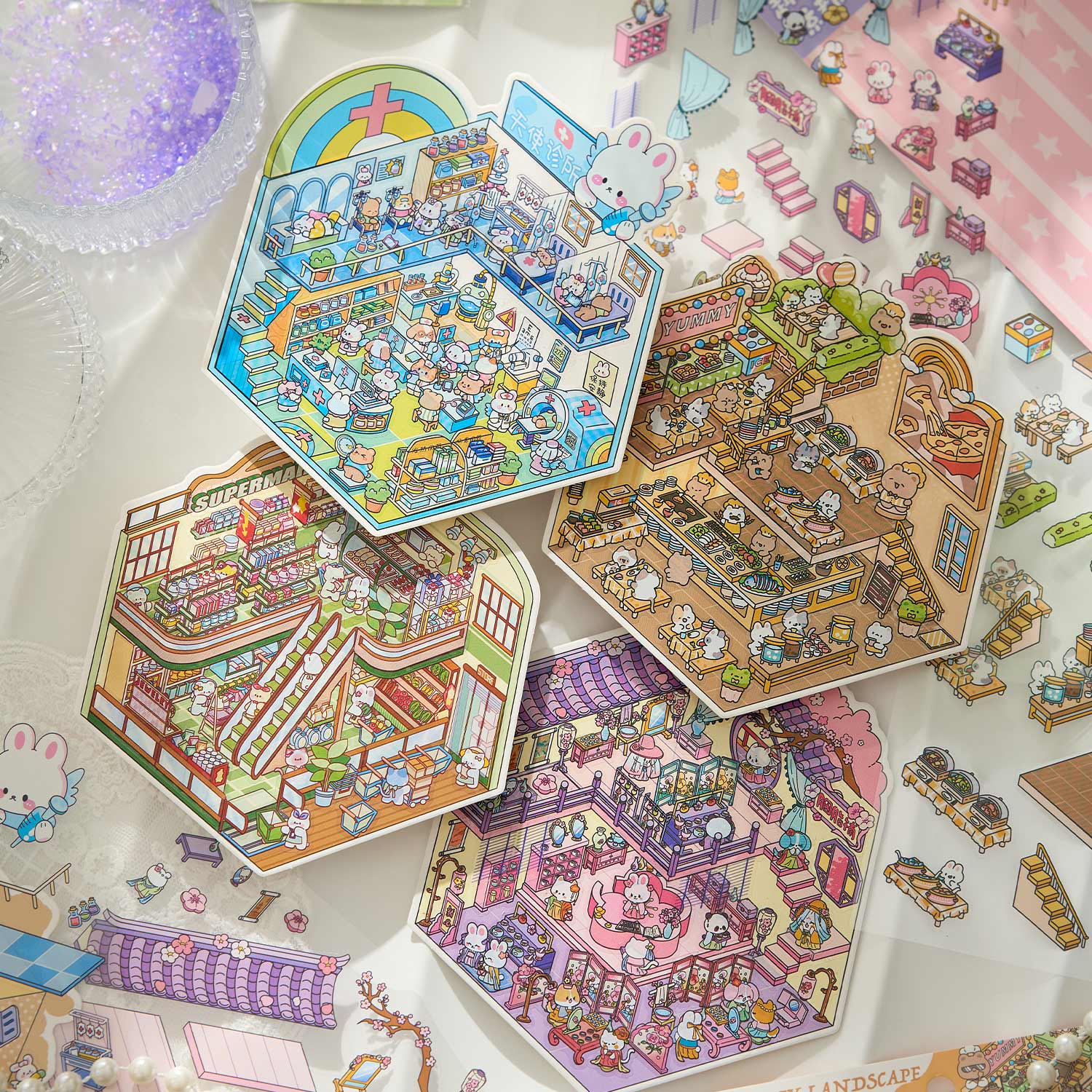 天使诊所系列趣味造景贴纸免裁剪diy沉浸式微缩场景解压堆叠贴画