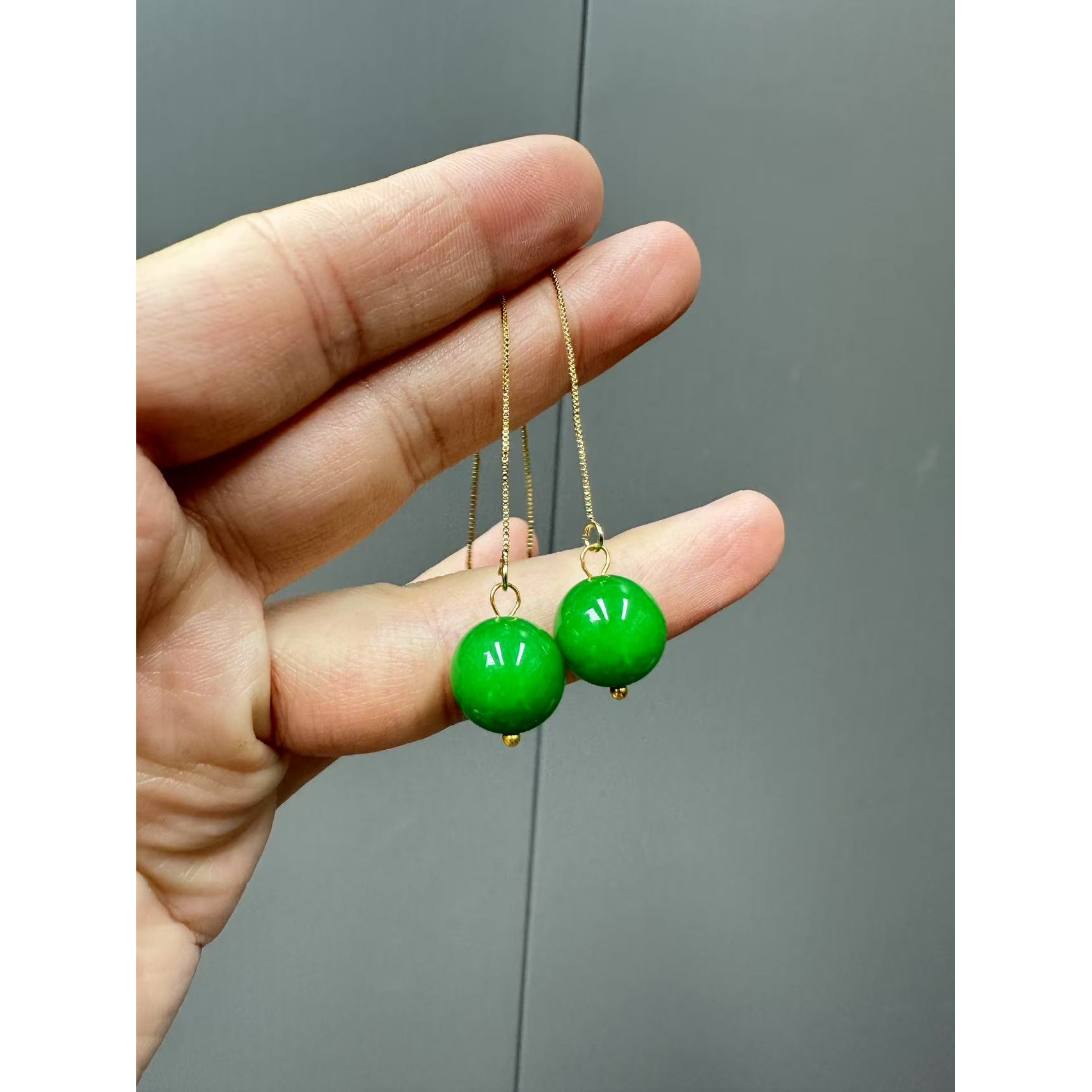 翡翠辣阳绿14k圆珠耳针耳线