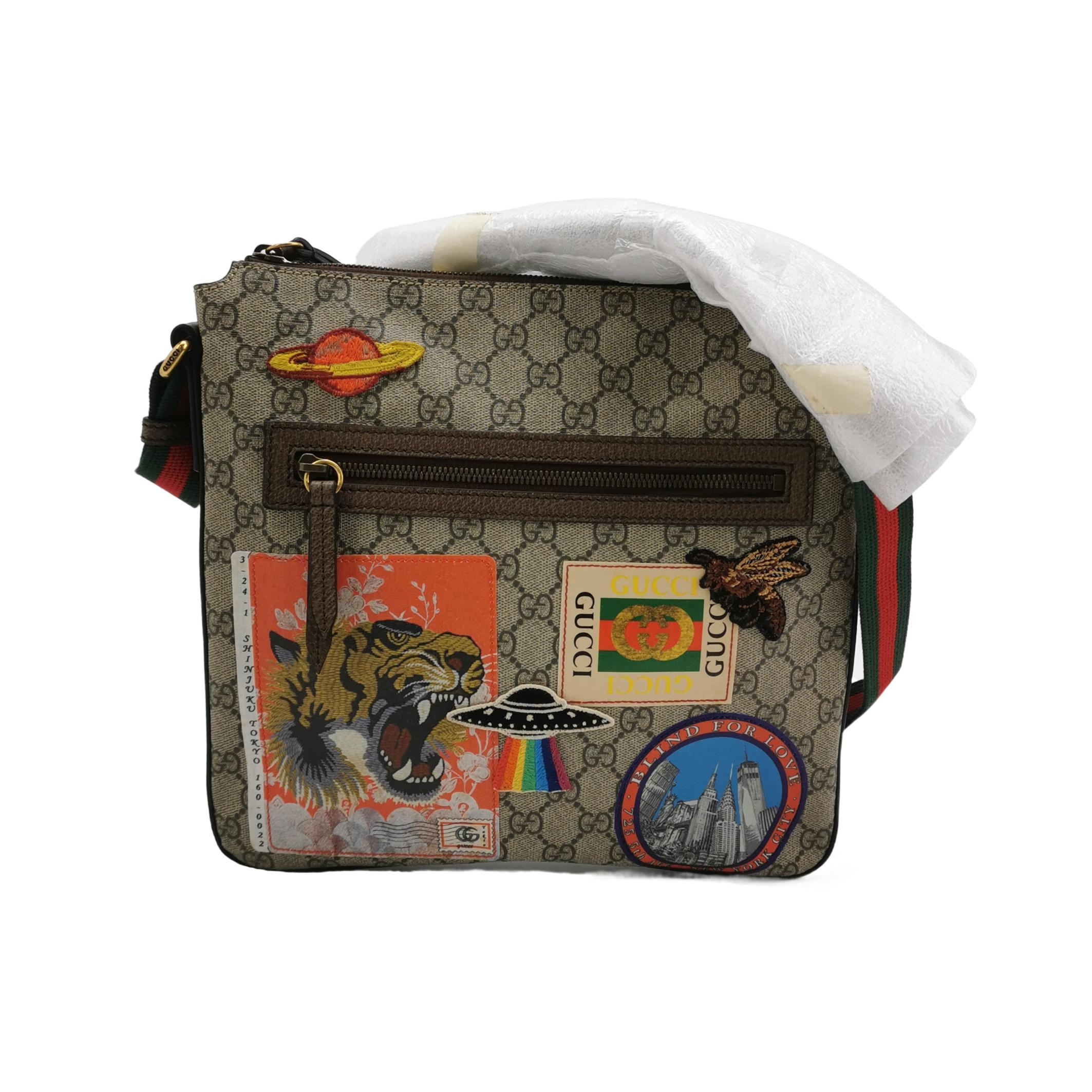 99新 GUCCI/古驰 男士刺绣虎头飞碟徽章邮差包