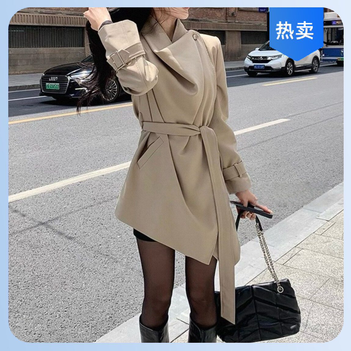 歌弟正品垂坠感气质外套赫本风卡其色女系带荡领复古秋季显