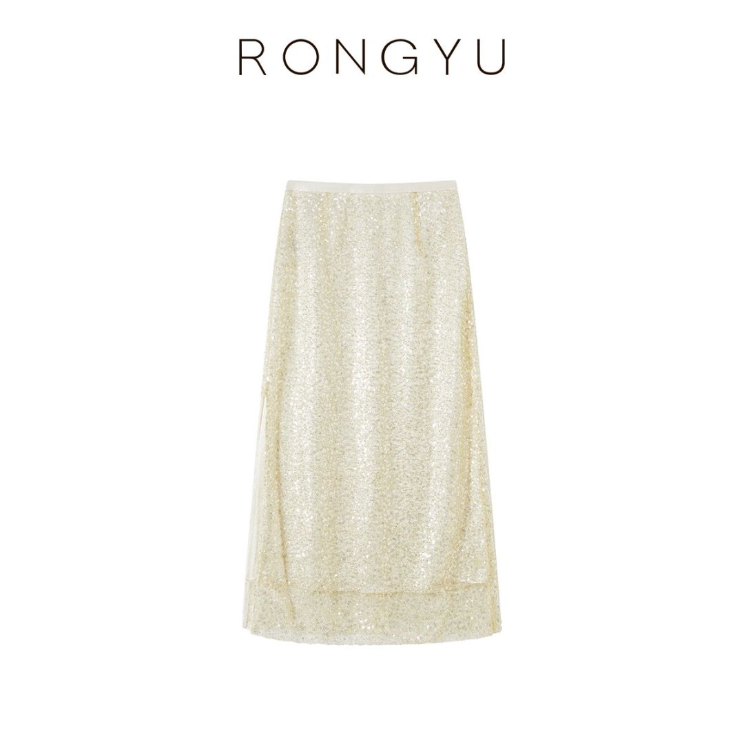 RONGYU绒郁轻奢波灵波灵亮片半裙香槟色千金清冷感贵系品质女装