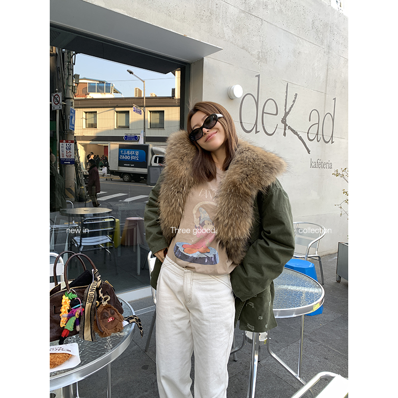 THREE GOOOD/三吉 雪畔绒歌 大毛领牛仔做旧派克羽绒服Y725R14900