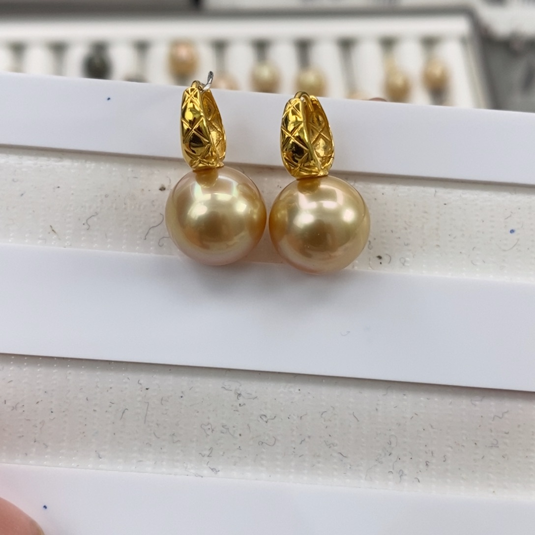 18K金镶嵌海水珍珠耳饰金珠12-13m m