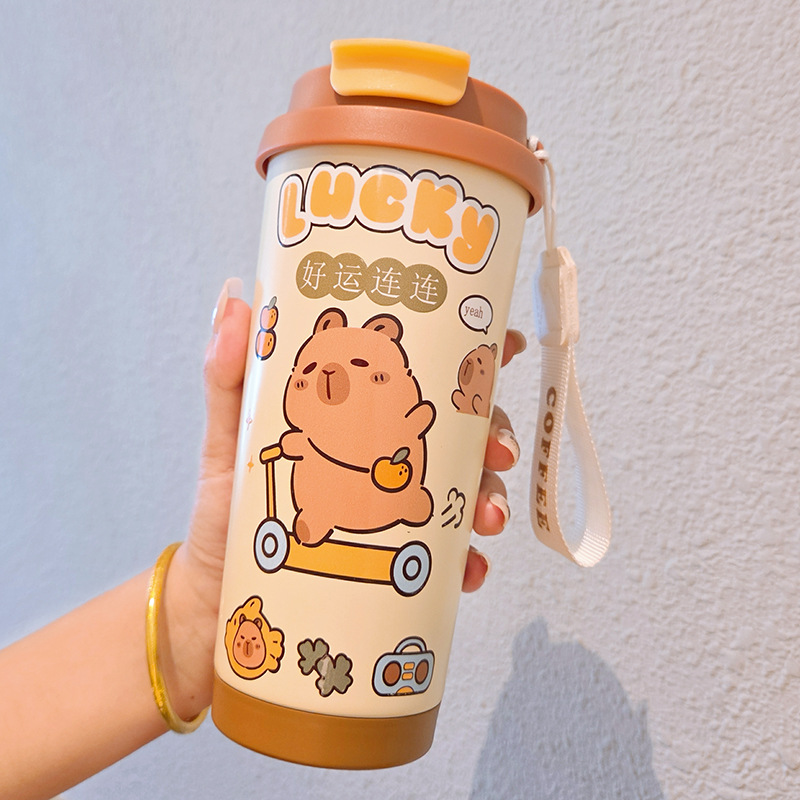 铃兰花大容量双饮吸管保温杯不锈钢内胆车载咖啡杯