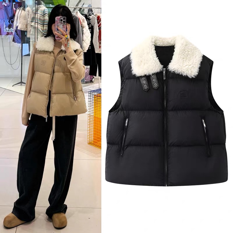 【羔羔】秋冬新款复古翻领拼接宽松保暖休闲无袖背心外套2974