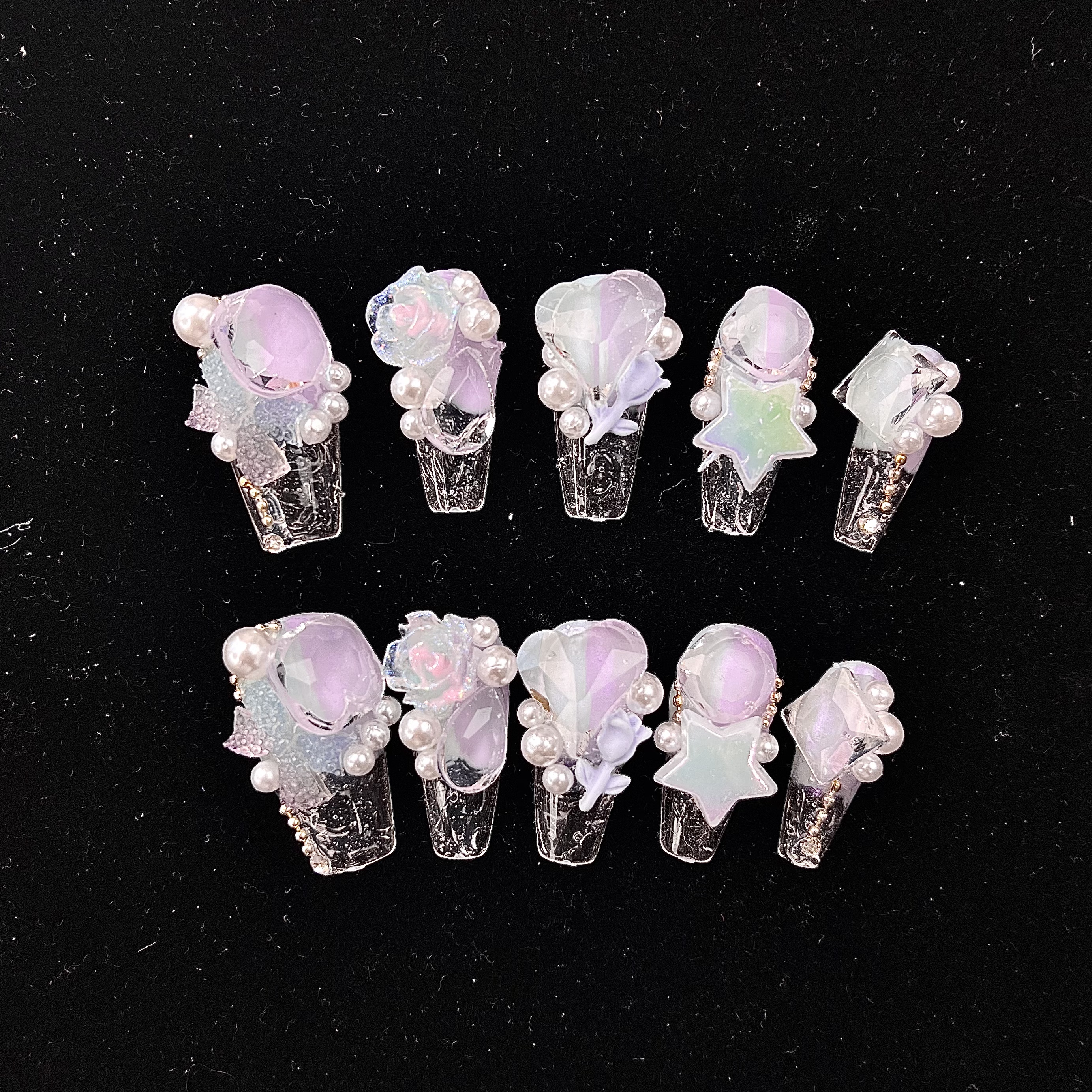 【BAO紫蓝色】中梯手工重工满钻雕花冰透夜光显白蓝色琉璃穿戴甲