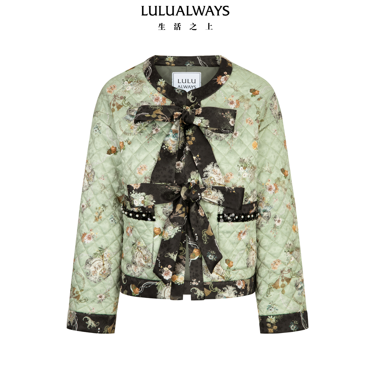 LULUALWAYS【商场同款】26春季新款复古风格圆领撞色蝴蝶结棉衣