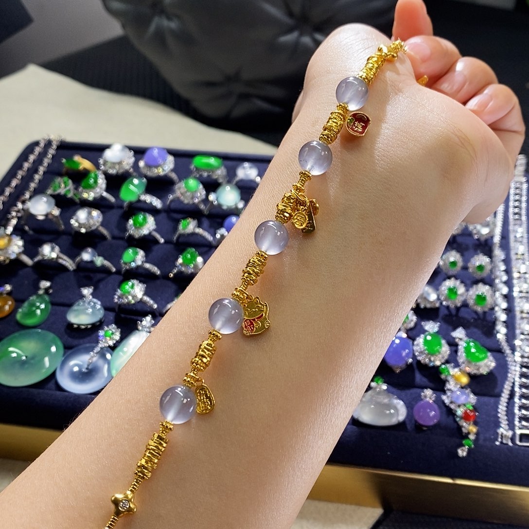 翡翠手链足金镶嵌盘缠手链