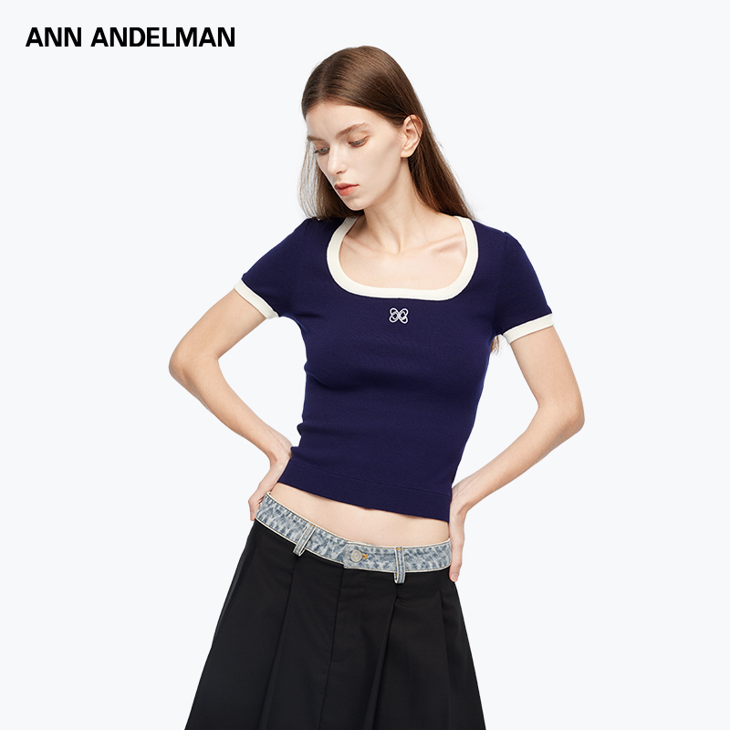 【商场同款】ANN ANDELMAN 25新款方领短袖t恤女时尚掐腰修身上衣女