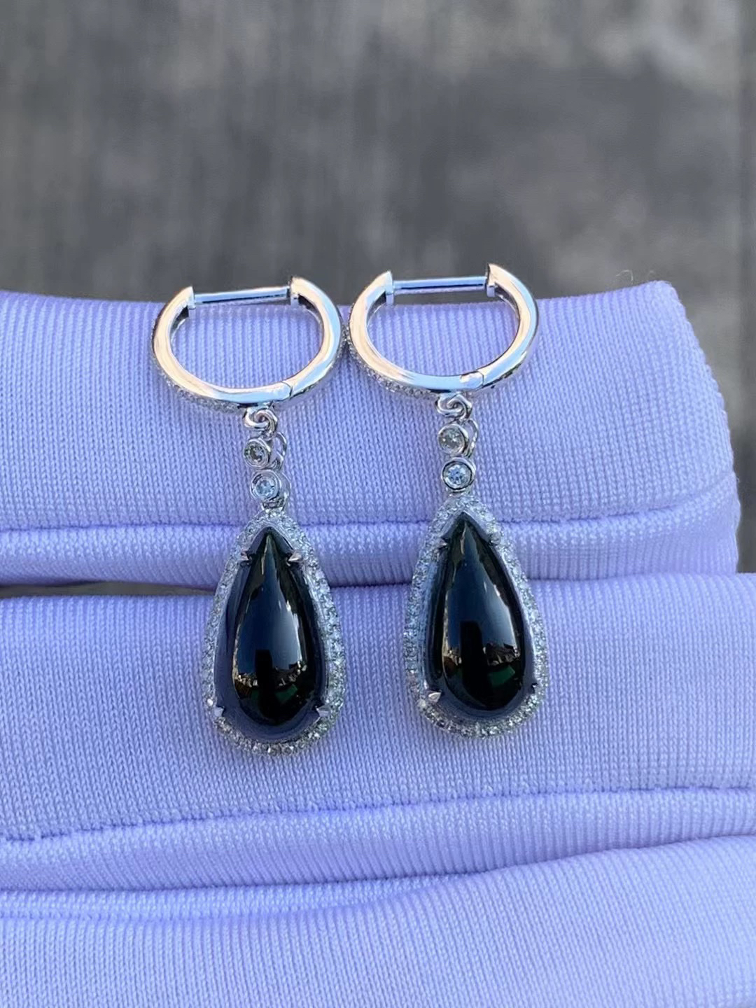 凝墨家天然缅甸翡翠冰种墨翠水滴女士耳扣