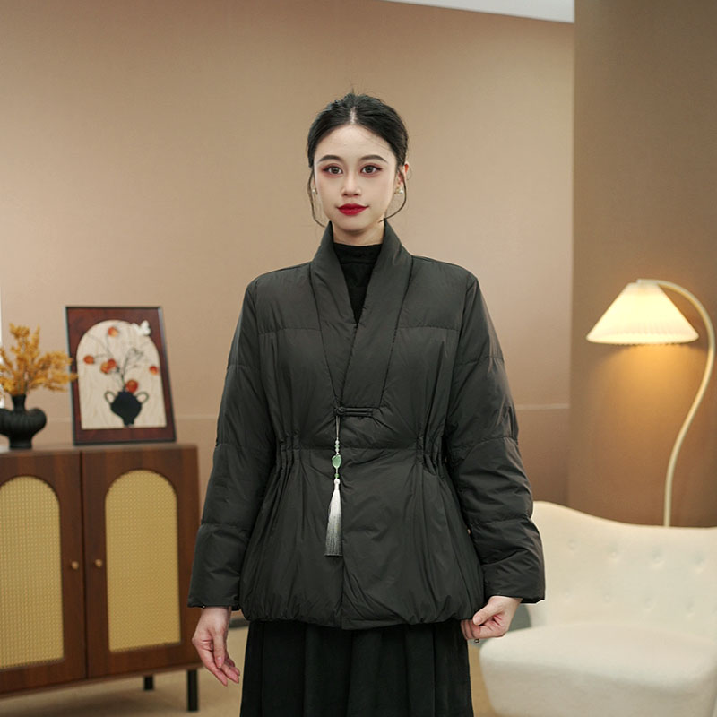 【YY家】小众原创新文艺时尚秋冬保暖白鸭绒宽松V领磁吸盘扣羽绒服