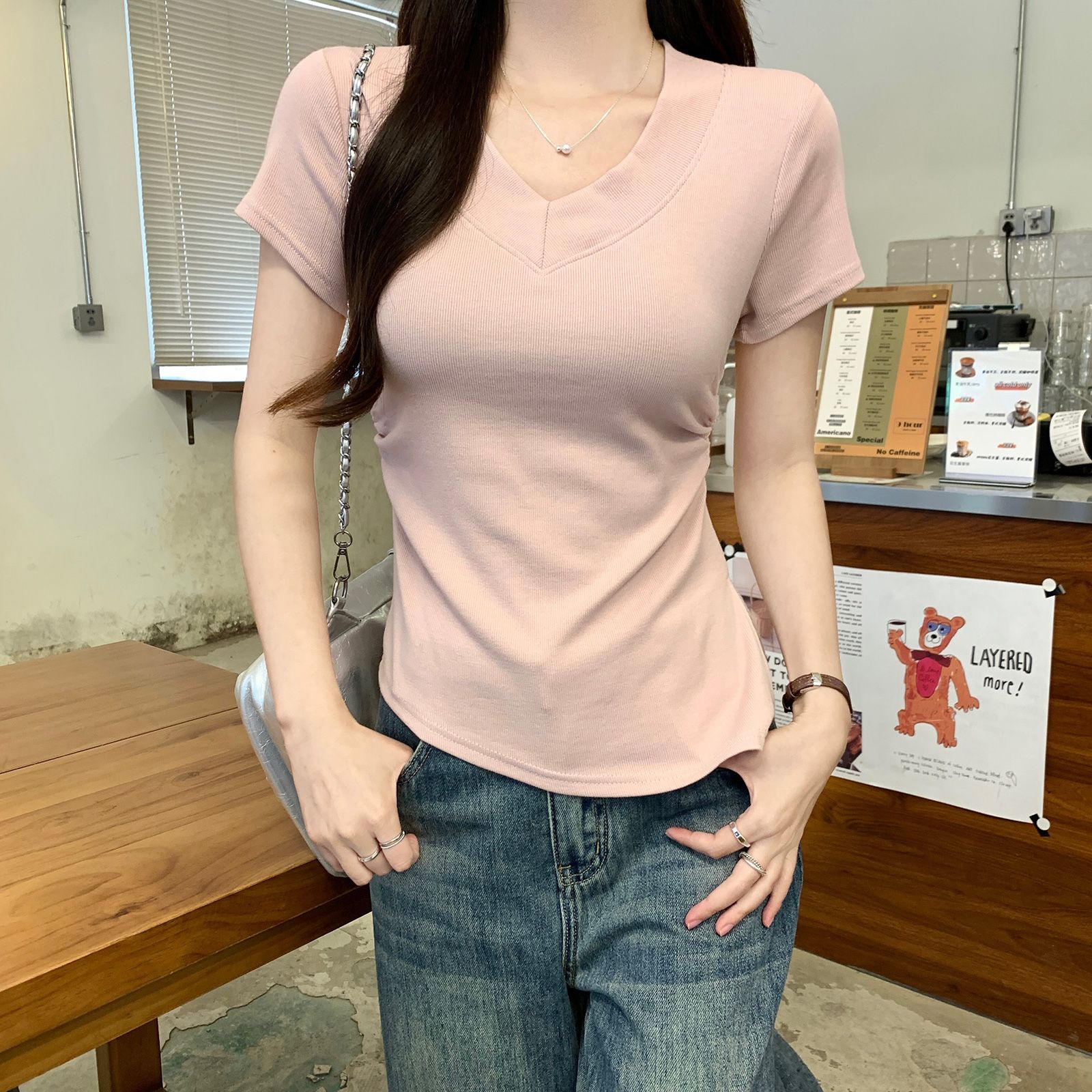 实拍260克螺纹短袖t恤夏2025新款潮简约纯色短款修身V领上衣女…