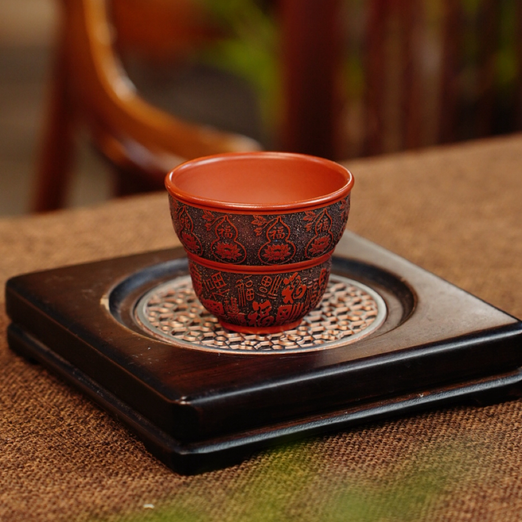 宜兴原矿紫砂茶具 全手工制作葫芦百福刻绘紫砂品茗杯