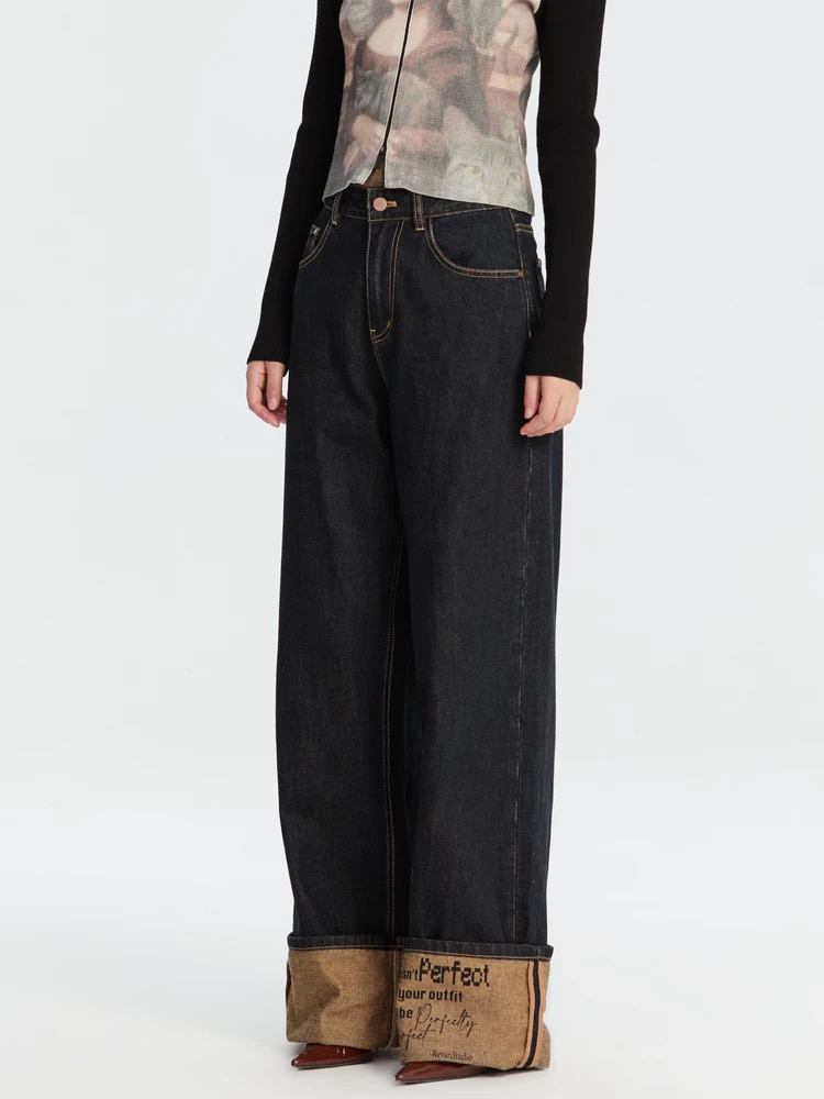 XI Haokan设计师款摩登翻边裤腿阔型牛仔裤