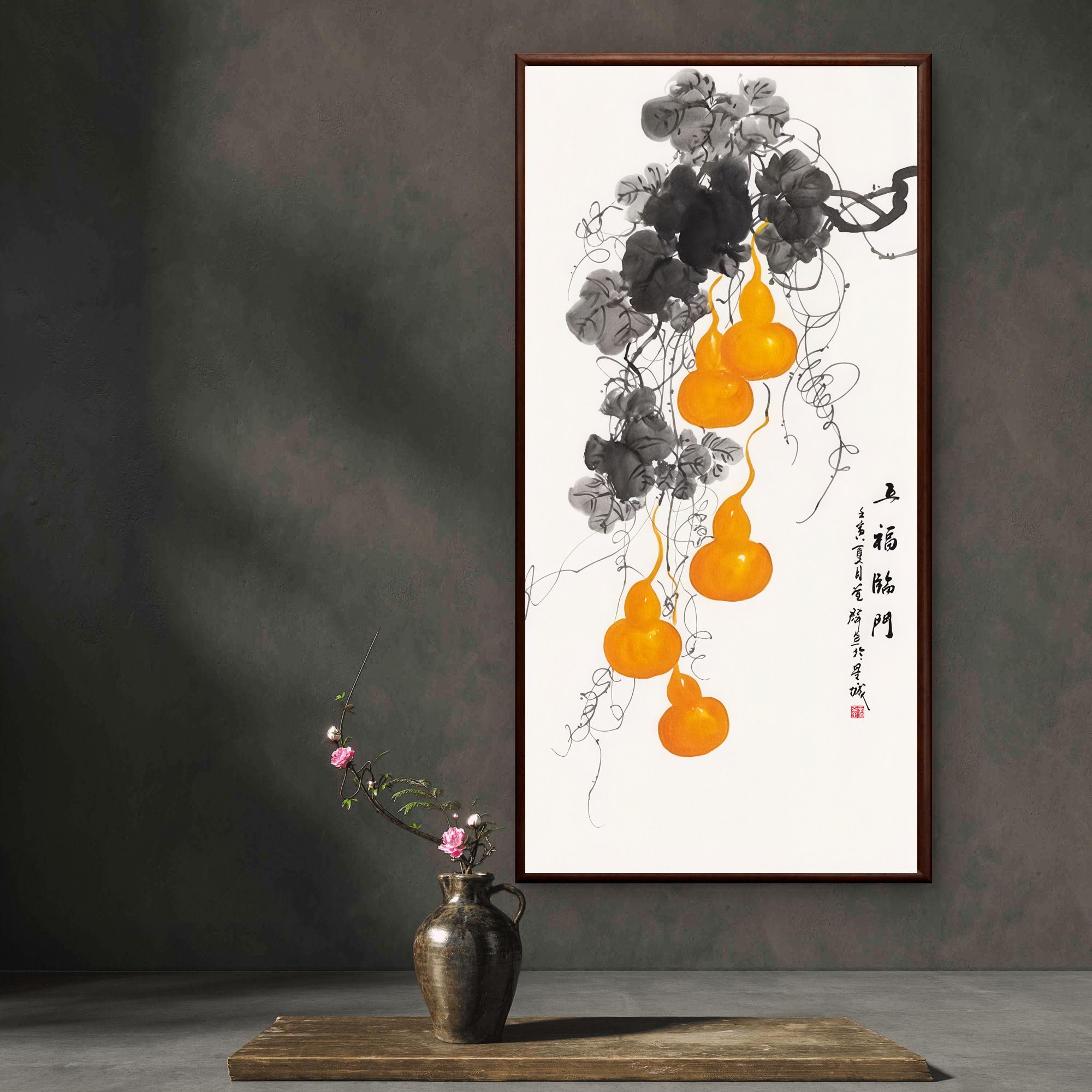 203-60*120新中式五福临门葫芦玄关装饰画竖版过道走廊墙面挂画