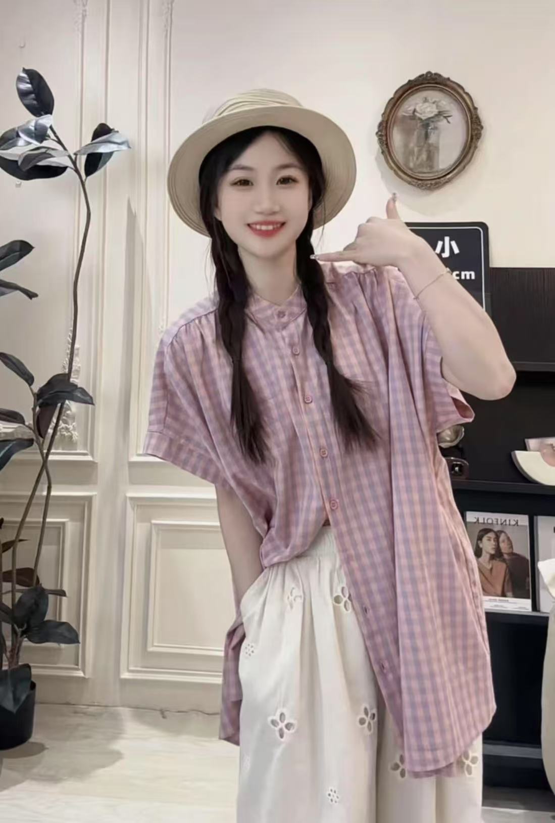 【粉色小心情~】园园推荐 夏季韩系粉色格纹中长款衬衫