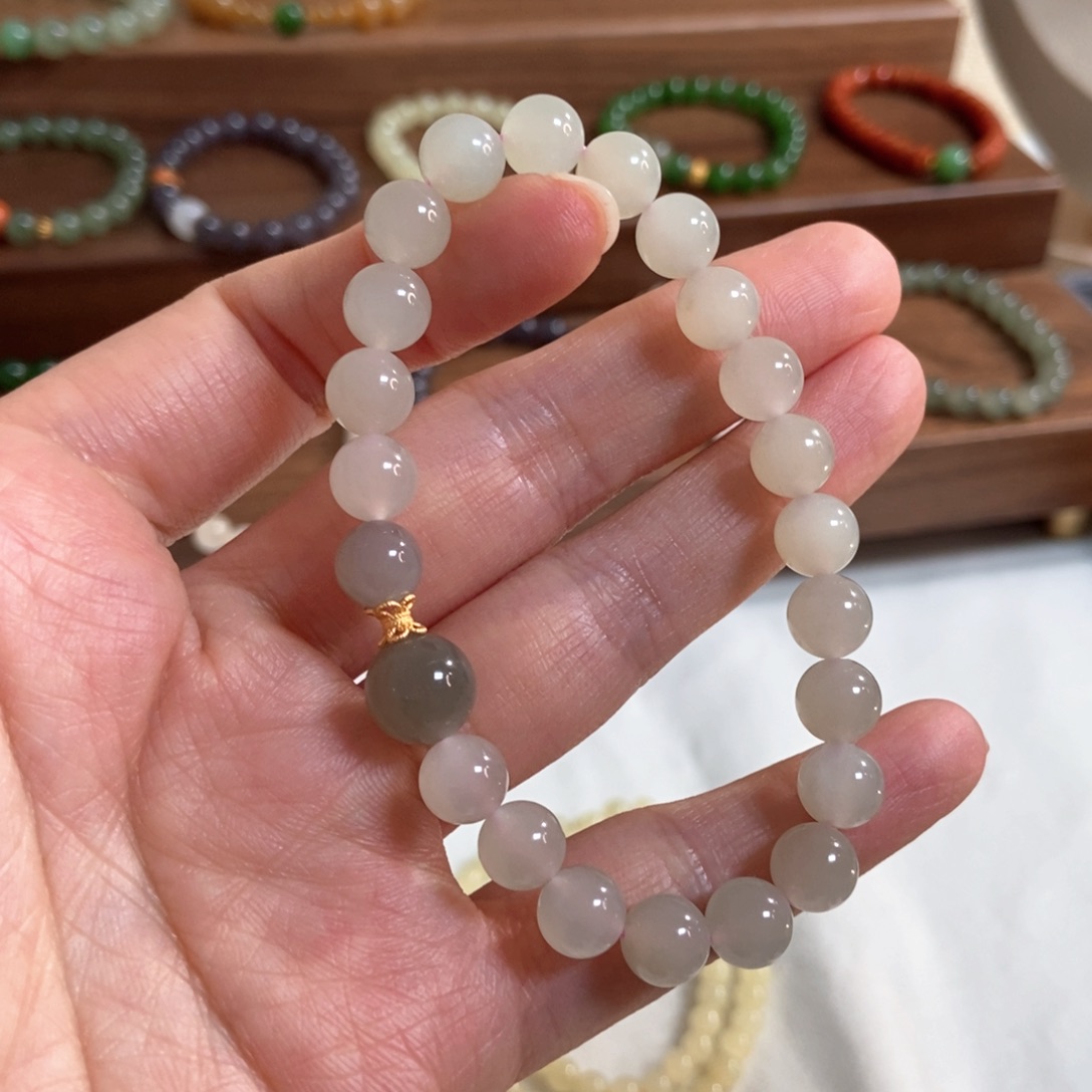 和田玉手链银S925镶嵌福利8mn熟藕粉