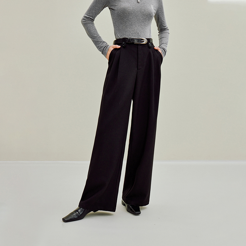 【流光风穿搭】茵曼法式通勤褶裥直筒裤2025秋女装新款高腰黑色长裤