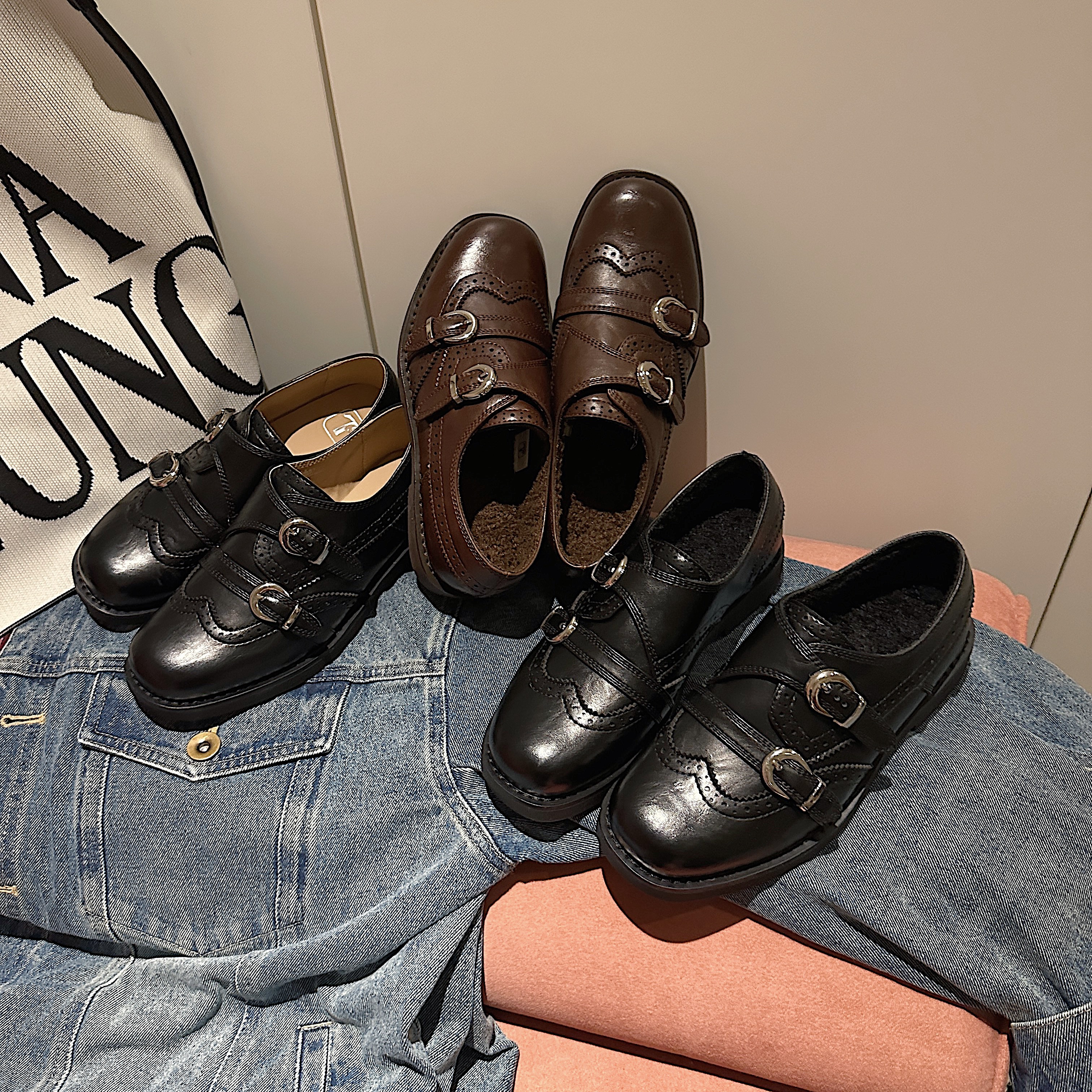 TS/TS真皮乐福鞋2026新款复古布洛克雕花一脚蹬加绒英伦风皮鞋女