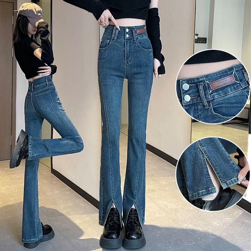 蓝开叉微喇牛仔裤女春季新款2025辣妹女孩显瘦弹力百搭修身喇叭裤